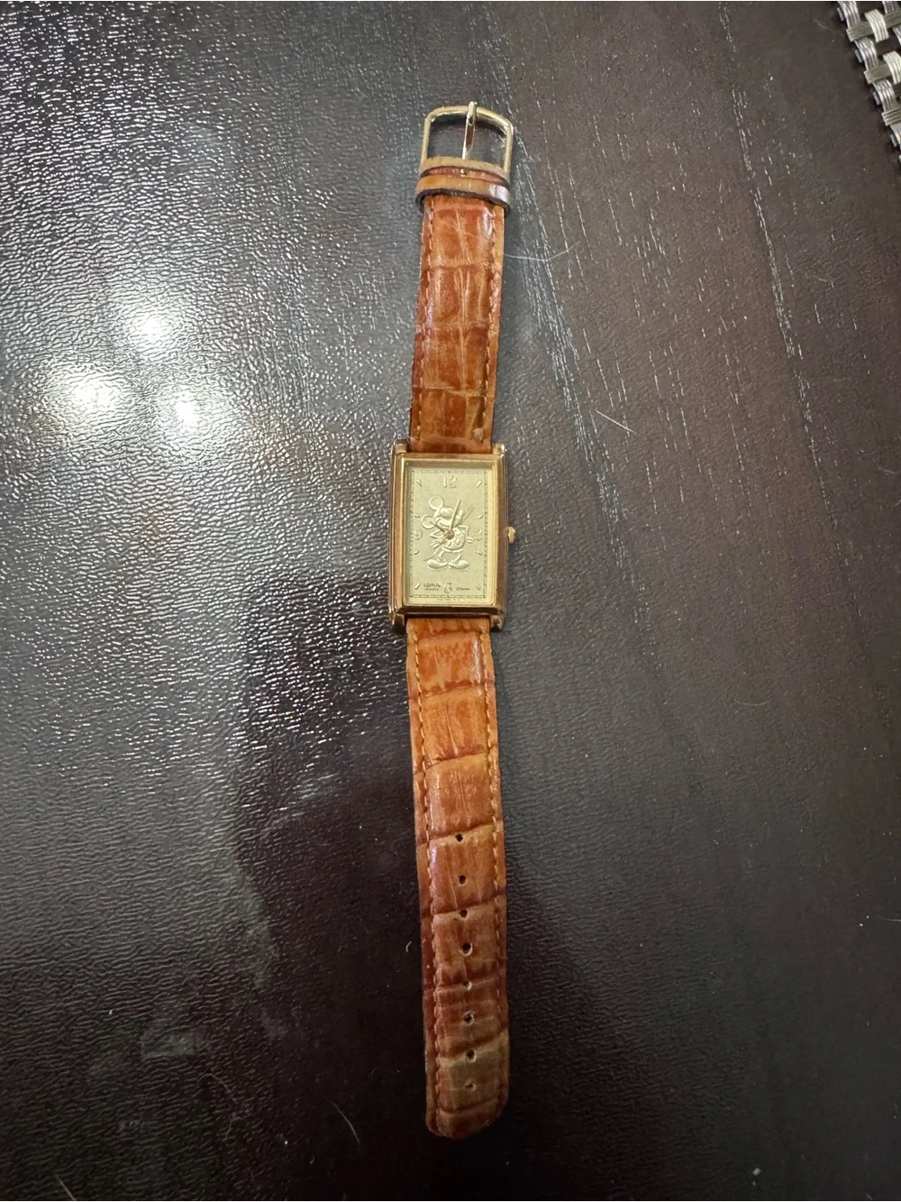 Lorus Disney Gold-Tone Mickey Mouse Rectangle Watch - Brown Leather Strap